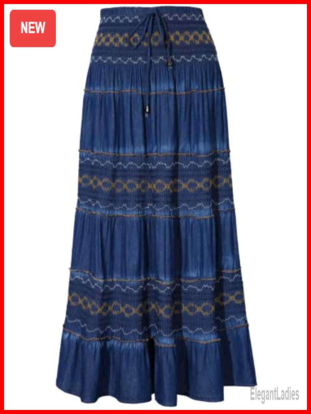 Womens High Waist Pleated Tiered Maxi Skirt Cotton Chambray Casual